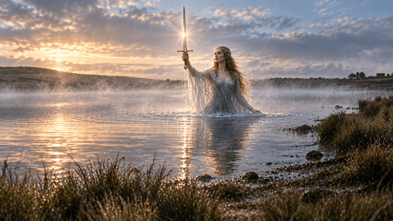 Conceptual image of The Lady In The Lake at Dozmary Pool, Bodmin, Cornwall, UK