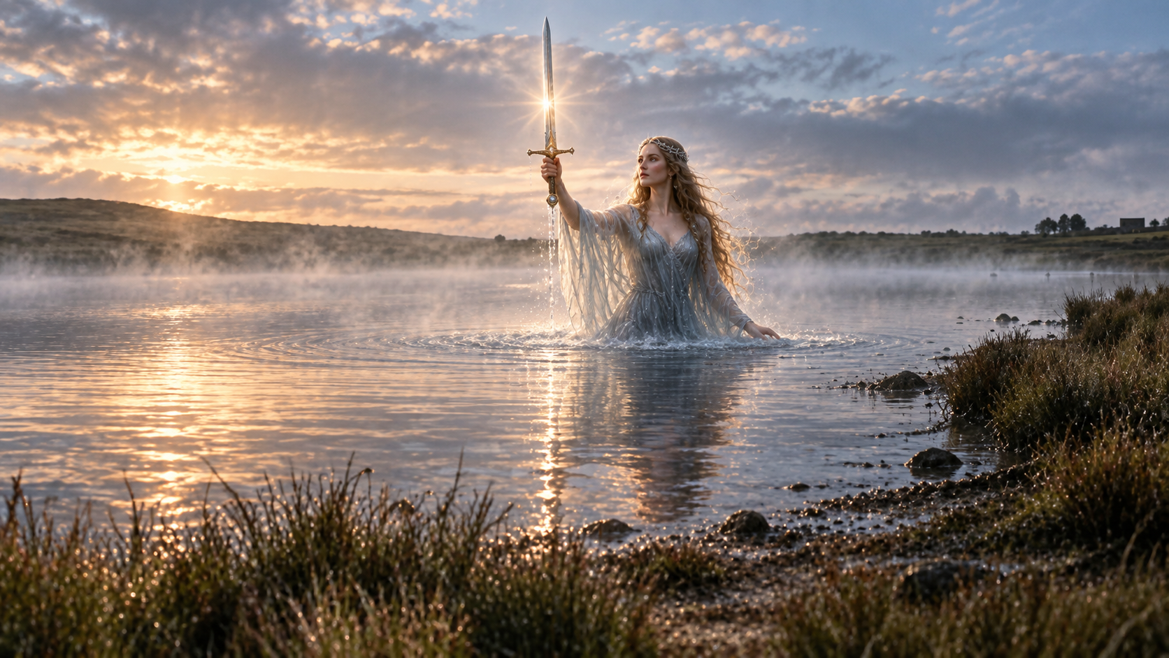 Conceptual image of The Lady In The Lake at Dozmary Pool, Bodmin, Cornwall, UK